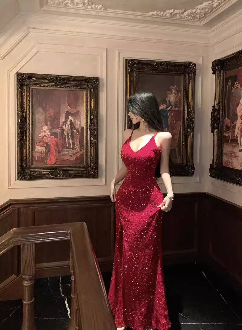 Vintage Sequins Design Wine Red A-Line Long Spaghetti Strap Dress TP3156