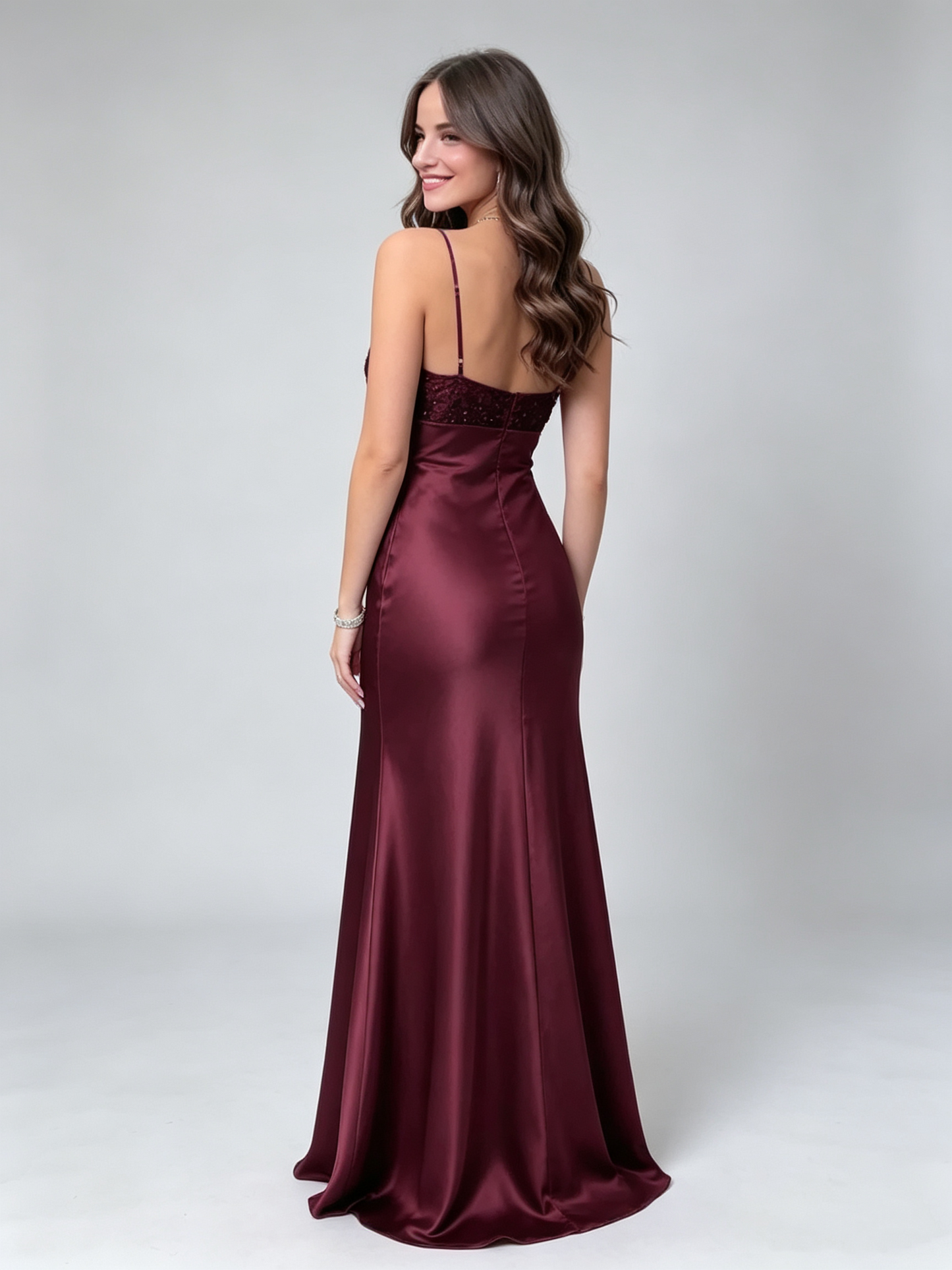 Elegant Burgundy Satin Mermaid Sequin V‑Neck Spaghetti Straps Long Prom Dress TP6111