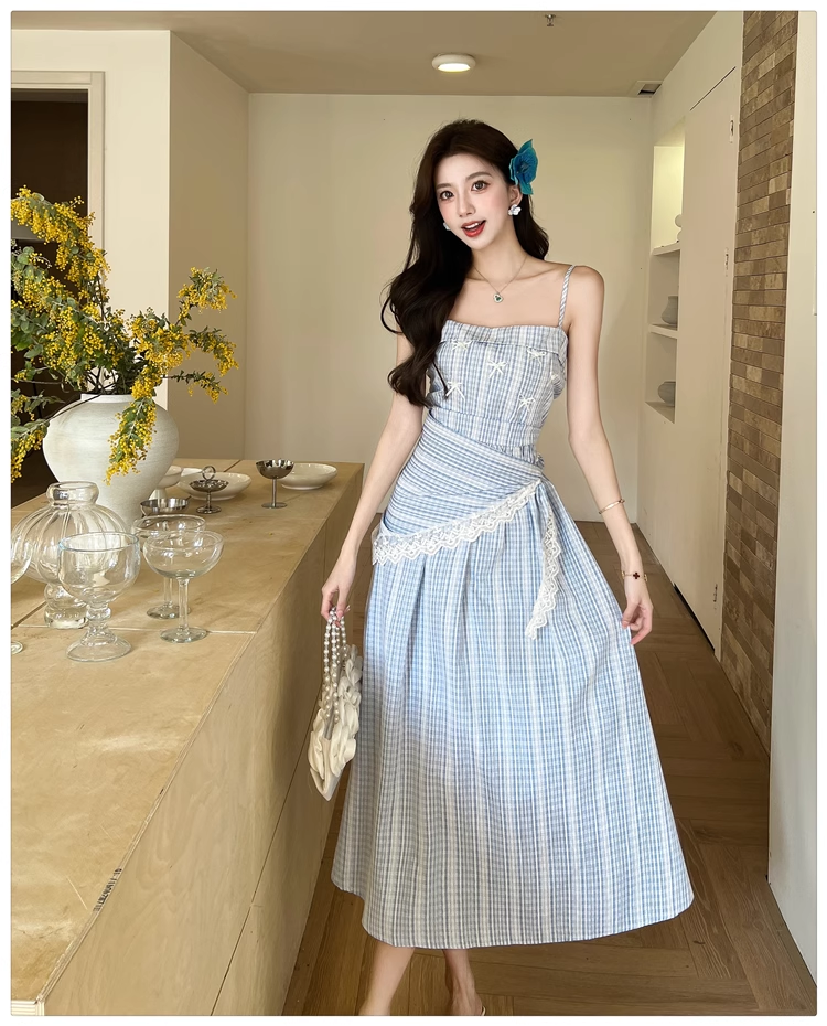 New Fashion Blue Stripe Design A-line Lace Spaghetti Strap Dress TP3384