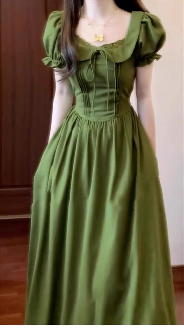 Vintage Olive Green Prom Dress A-Line Short-sleeve Evening Dress Long Formal Dress TP4719