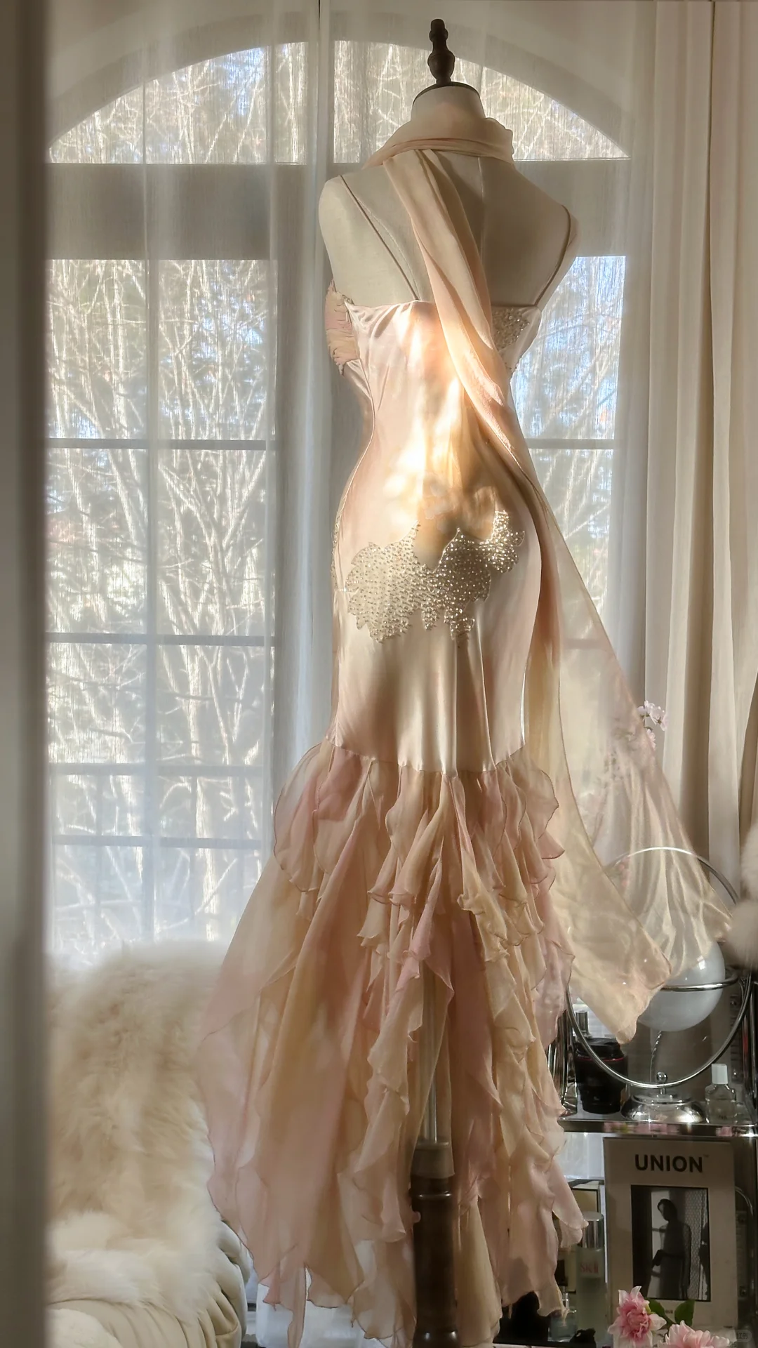Vintage Mermaid Beaded Floral Design Romantic Chiffon Evening Dress Prom Dress TP4014