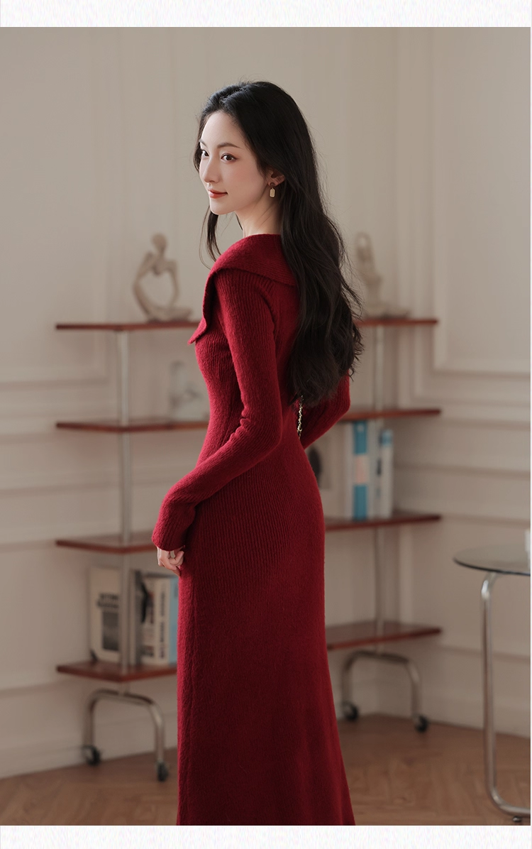 Vintage Burgundy Sheath Prom Dress Long-sleeve Evening Dress Knit Long Formal Dress TP4729