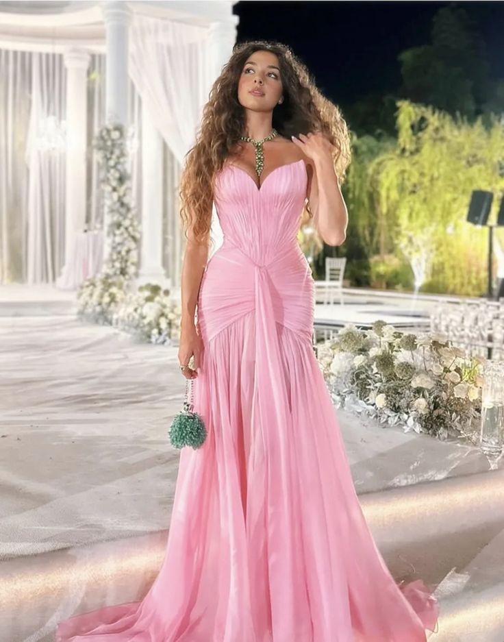 Vintage Pink Sweetheart Evening Dress Sheath Strapless Slit Chiffon Long Prom Dress TP5056