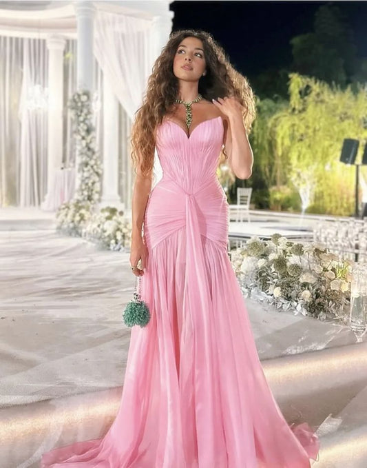 Vintage Pink Sweetheart Evening Dress Sheath Strapless Slit Chiffon Long Prom Dress TP5056