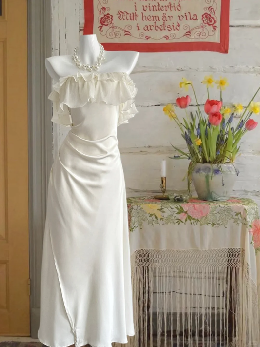 Vintage Ivory Strapless Prom Dress Sheath Ruffled Evening Gown Chiffon Party Dress Long Formal Dress TP4892