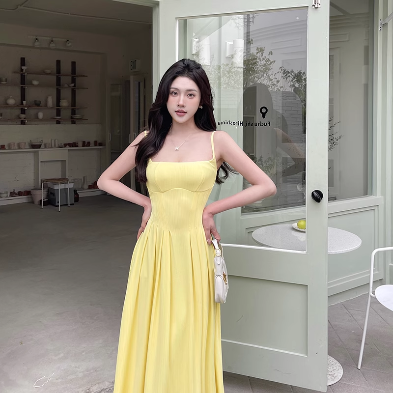 Women New Simple Fashion Yellow High-waist Spaghetti Strap Dress TP2889
