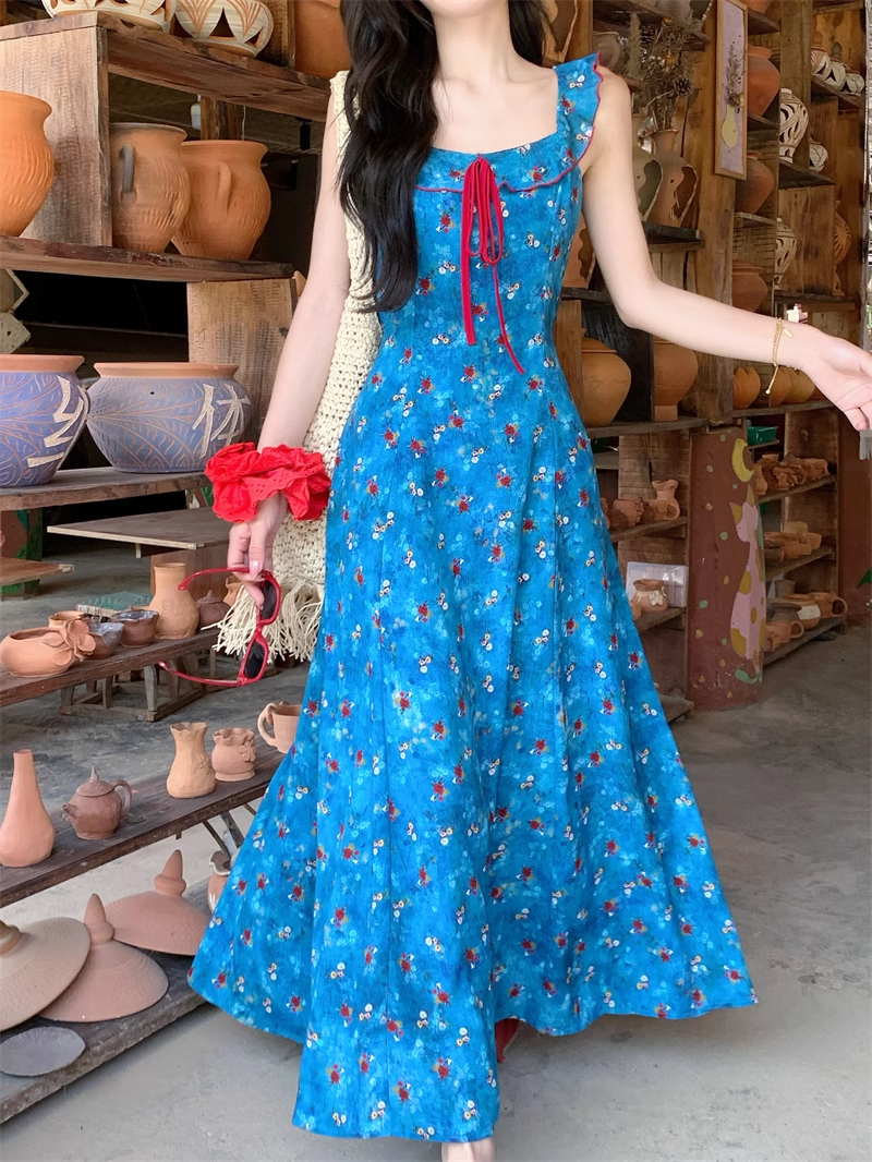 New Fashion Blue Floral Design A-line Square Collar Beach Holiday Sleeveless Dress TP3322