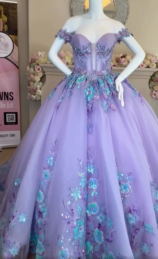 Vintage Lilac Sequin Sweetheart Off-the-shoulder Sweet 16 Quinceanera A-Line Floor-length Prom Dress Birthday Dress Evening Dress Ball Gown TP4708