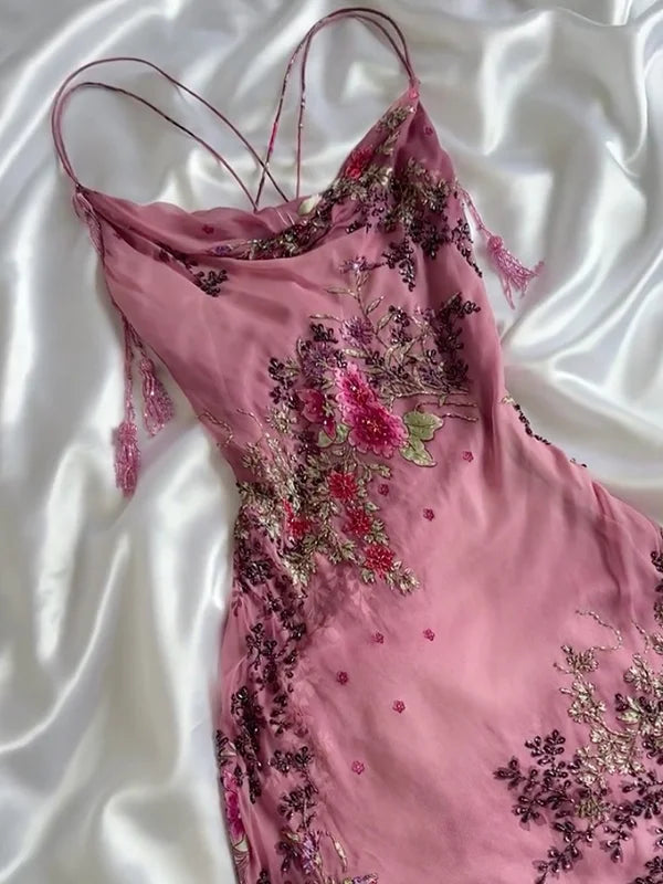 Vintage Pink Floral Embroidery Prom Dress Red Mermaid Evening Dress Satin Formal Dress TP4669