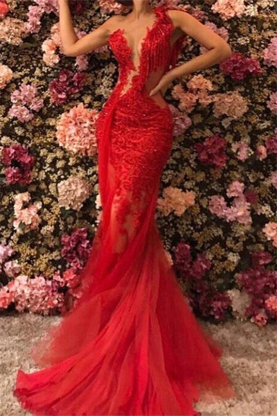Vintage Red One-shoulder Mermaid Prom Dress Lace Evening Gown Party Dress Long Formal Dress TP4858
