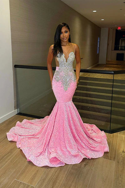 Vintage Pink Mermaid Prom Dress Sparkling Beaded Evening Gown Party Dress Long Formal Dress TP4857