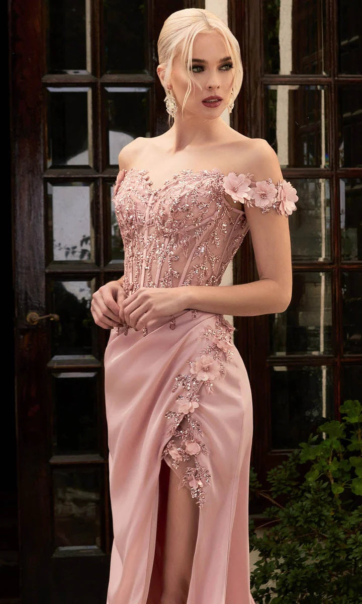 Vintage Beaded Sheath Prom Dress Off-the-shoulder Evening Dress High Slit Long Formal Dress TP4618
