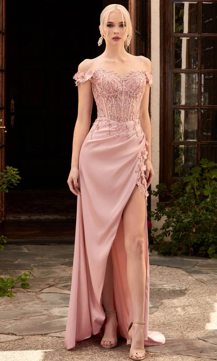Vintage Beaded Sheath Prom Dress Off-the-shoulder Evening Dress High Slit Long Formal Dress TP4618
