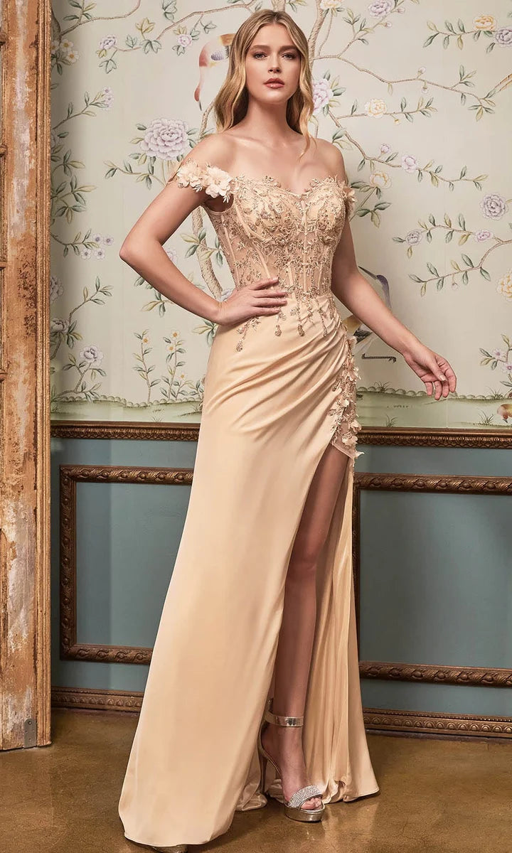Vintage Beaded Sheath Prom Dress Off-the-shoulder Evening Dress High Slit Long Formal Dress TP4618