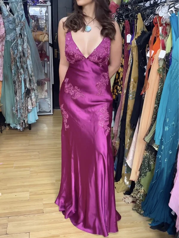 Vintage Hot Pink Satin Embroidery Prom Dress Sheath Backless Evening Dress Long Formal Dress TP4686