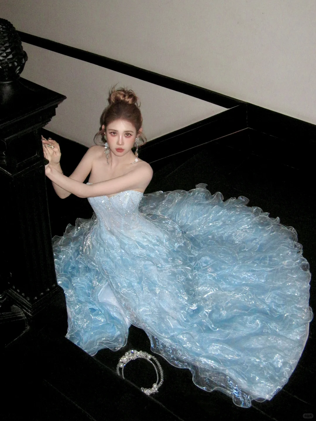 Gorgeous Shiny Light Blue Strapless Design A-Line Tulle Wedding Dress Prom Dress Evening Dress TP4235