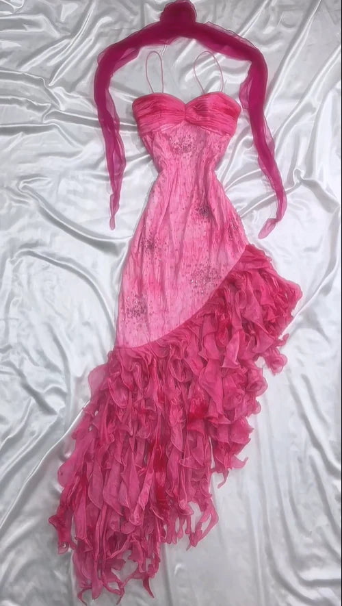 Vintage Hot Pink Sweetheart A-Line Prom Dress Beaded Ruffle Chiffon Spaghetti Strap Formal Dress TP4572