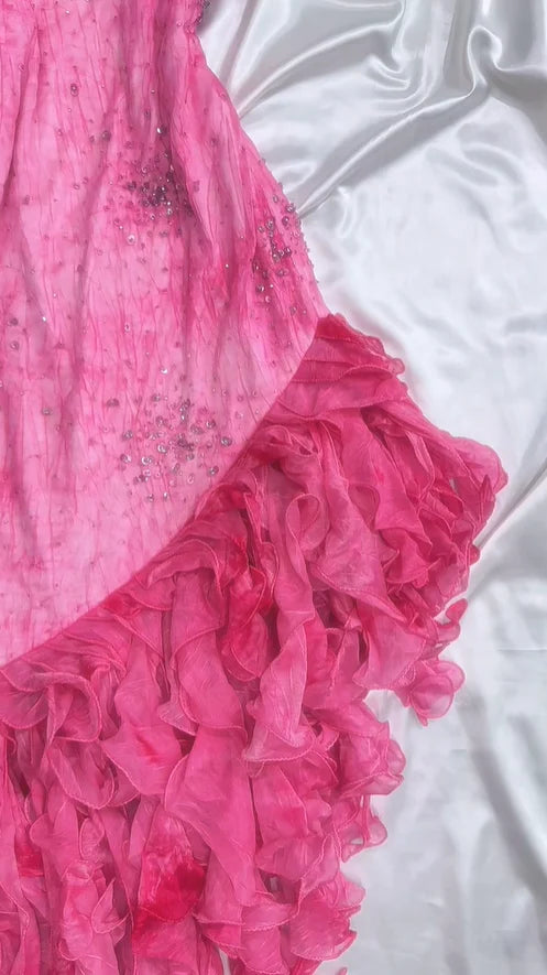 Vintage Hot Pink Sweetheart A-Line Prom Dress Beaded Ruffle Chiffon Spaghetti Strap Formal Dress TP4572