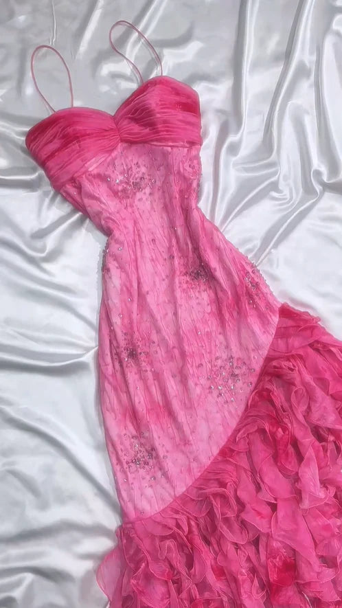 Vintage Hot Pink Sweetheart A-Line Prom Dress Beaded Ruffle Chiffon Spaghetti Strap Formal Dress TP4572