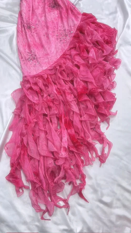 Vintage Hot Pink Sweetheart A-Line Prom Dress Beaded Ruffle Chiffon Spaghetti Strap Formal Dress TP4572