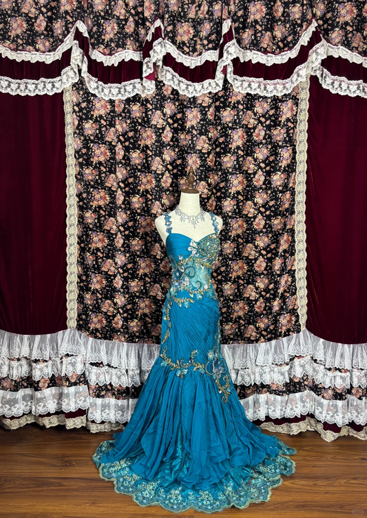 Vintage Blue Glittering Beaded Evening Dress Sheath Sweetheart Long Prom Dress TP4987