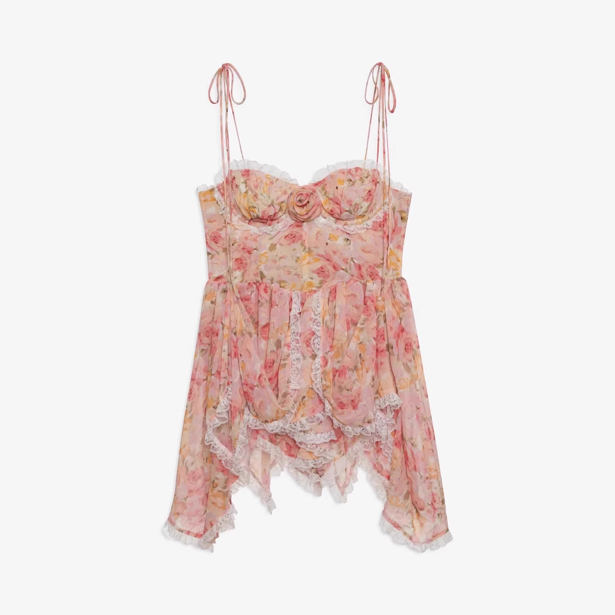 Vintage Lace Floral Spaghetti Strap Ruffled Hem Design A-line Party Dress TP3884