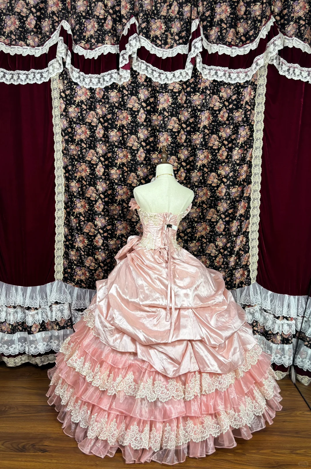 Vintage Pink Lace Satin Quinceanera A-Line Tiered Dress Evening Ball Gown TP4265