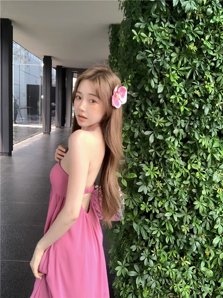 New Fashion Rose Pink Loose-fitting Design A-line Halter Dress TP3432