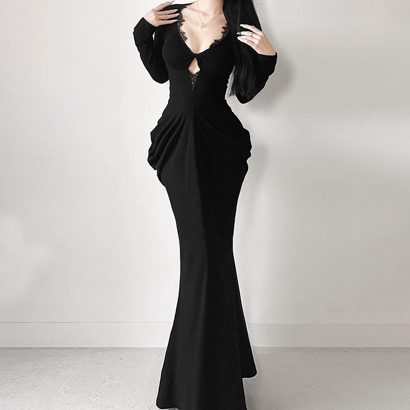 New Sexy V-neck Black Mermaid Long-sleeved Dress TP2898