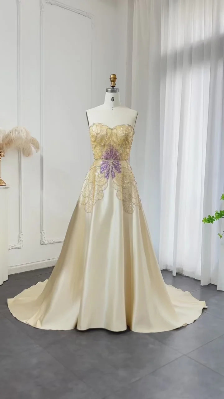 Elegant Ivory Beaded Prom Dress A-Line Evening Gown Satin Party Dress Long Formal Dress TP4774