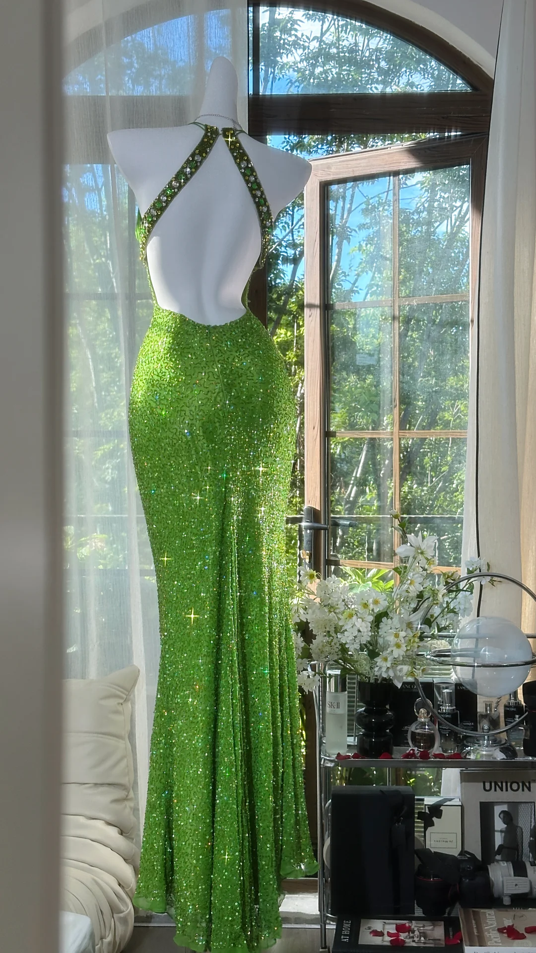 Shiny Green Sequined V-neck Spaghetti Strap Design Chiffon Prom Dress Evening Dress TP4242