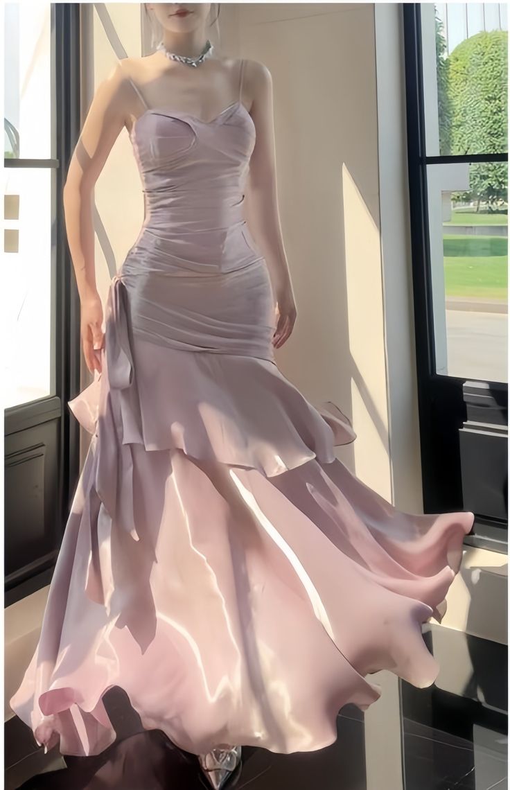 Glamorous Pink Satin Mermaid Prom Dress Tiered Ruffle Evening Gown TP5783