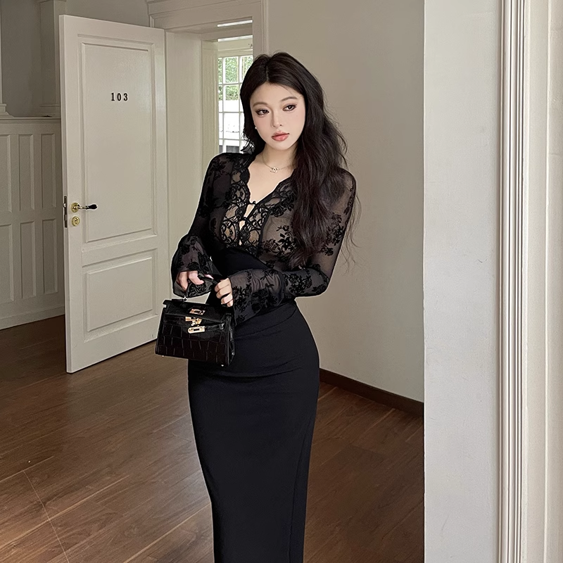 Women New Sexy Black Lace Long-sleeved Dress TP2897