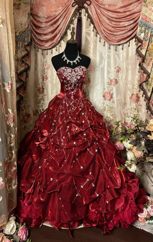 Vintage Burgundy Sweetheart Satin Strapless Beading Sweet 16 Quinceanera A-Line Evening Dress Ball Gown TP4269