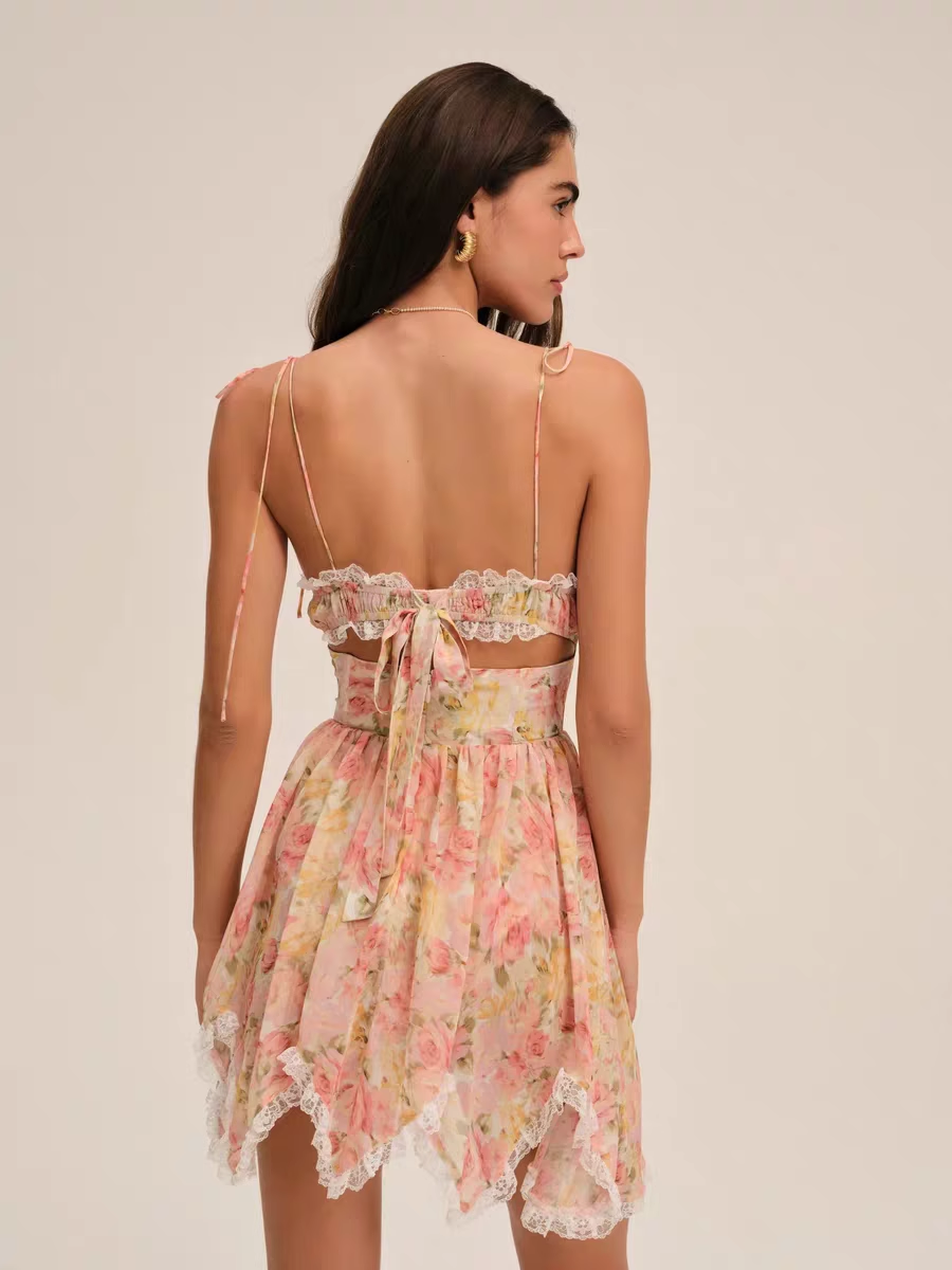 Vintage Lace Floral Spaghetti Strap Ruffled Hem Design A-line Party Dress TP3884