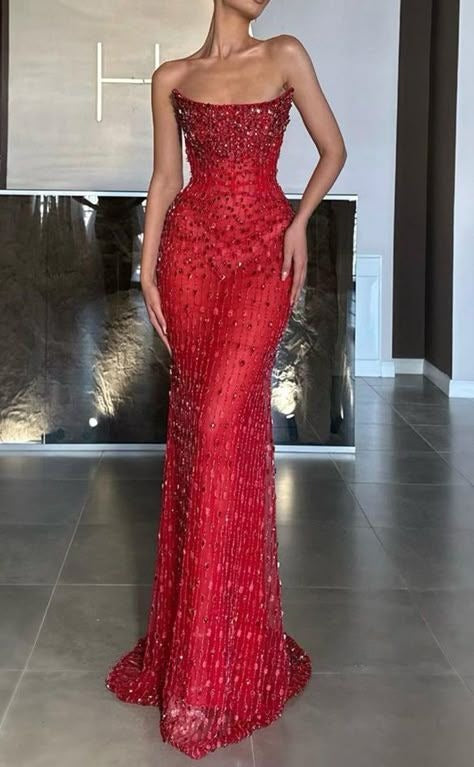 Vintage Red Strapless Sequin Evening Dress Slit Sheath Long Prom Dress TP5052