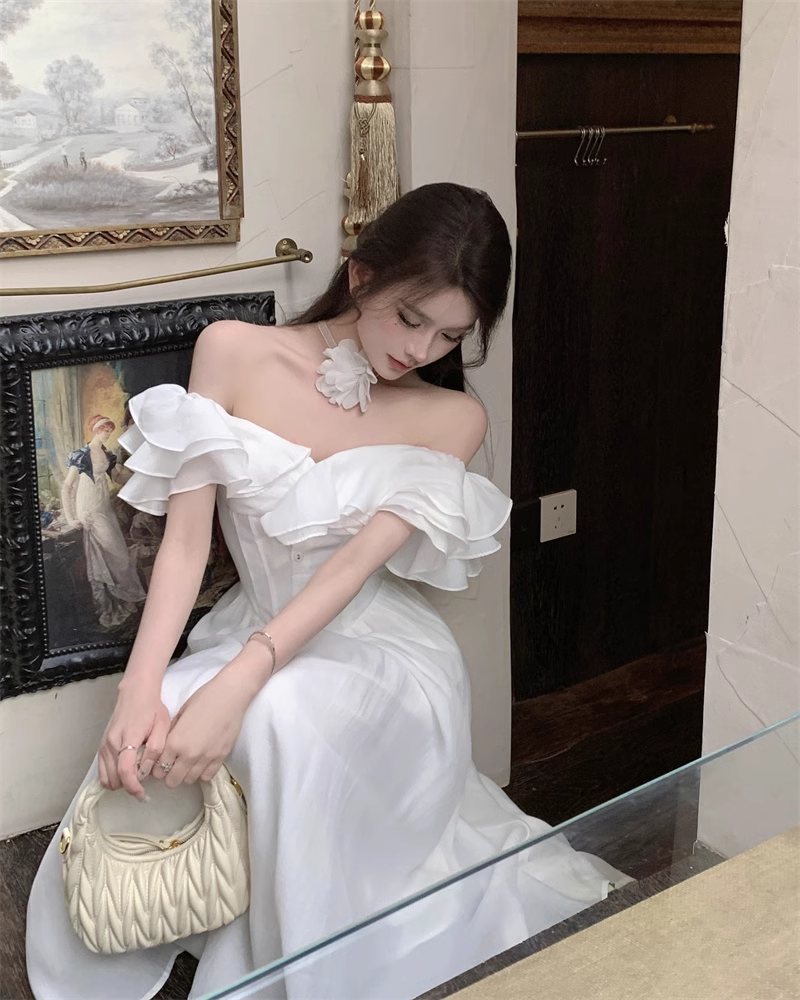 New Simple Ruffled Design White A-Line Floral Dress TP3143