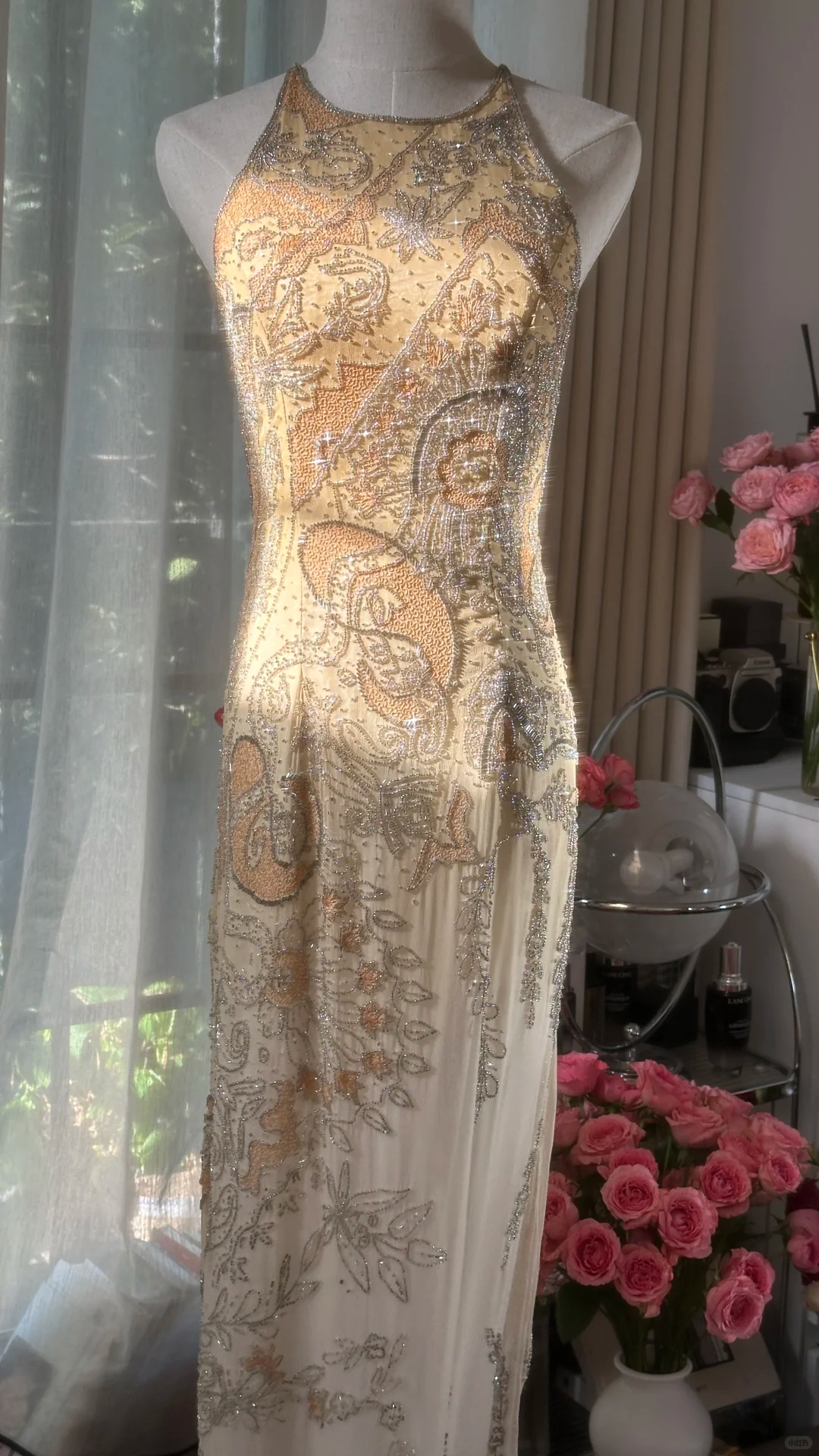 Retro Golden Sparkling Beaded Halter Dress Elegant Chiffon Evening Dress Prom Dresses TP3986