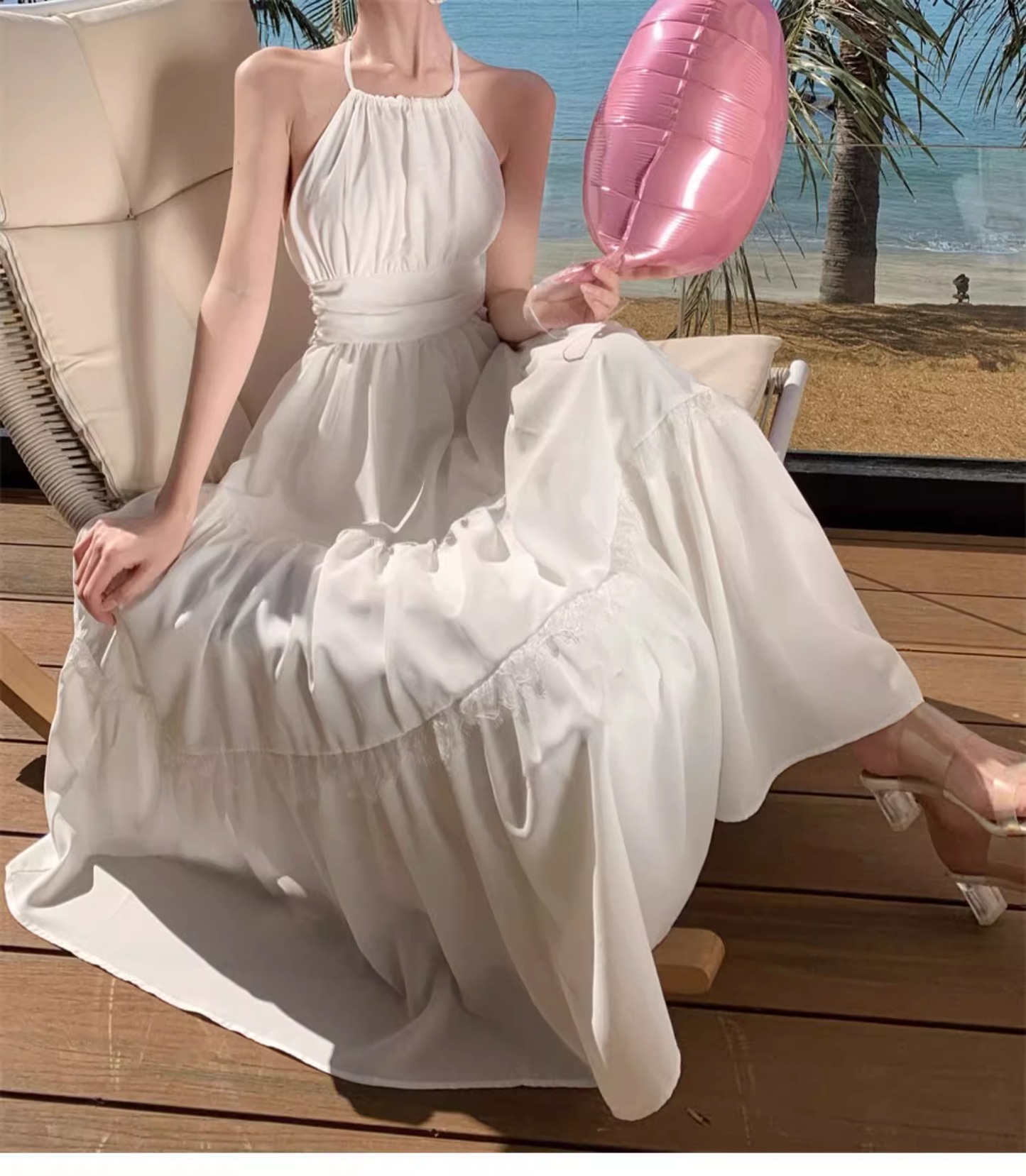 New Stylish White Sleeveless Backless Beach Casual Halter Dress TP2970