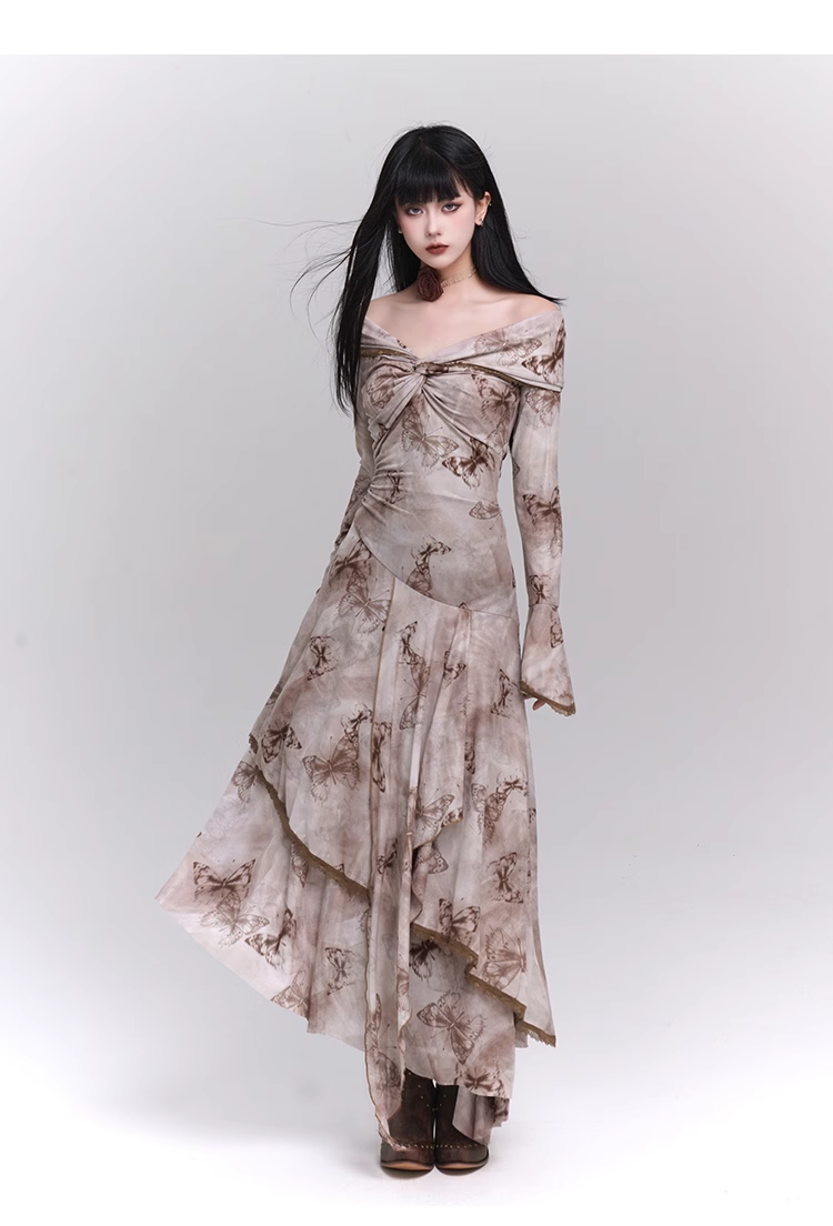 Fashion Butterfly Pattern Gothic Style Bell Sleeve Design Long-sleeved Dress TP2933