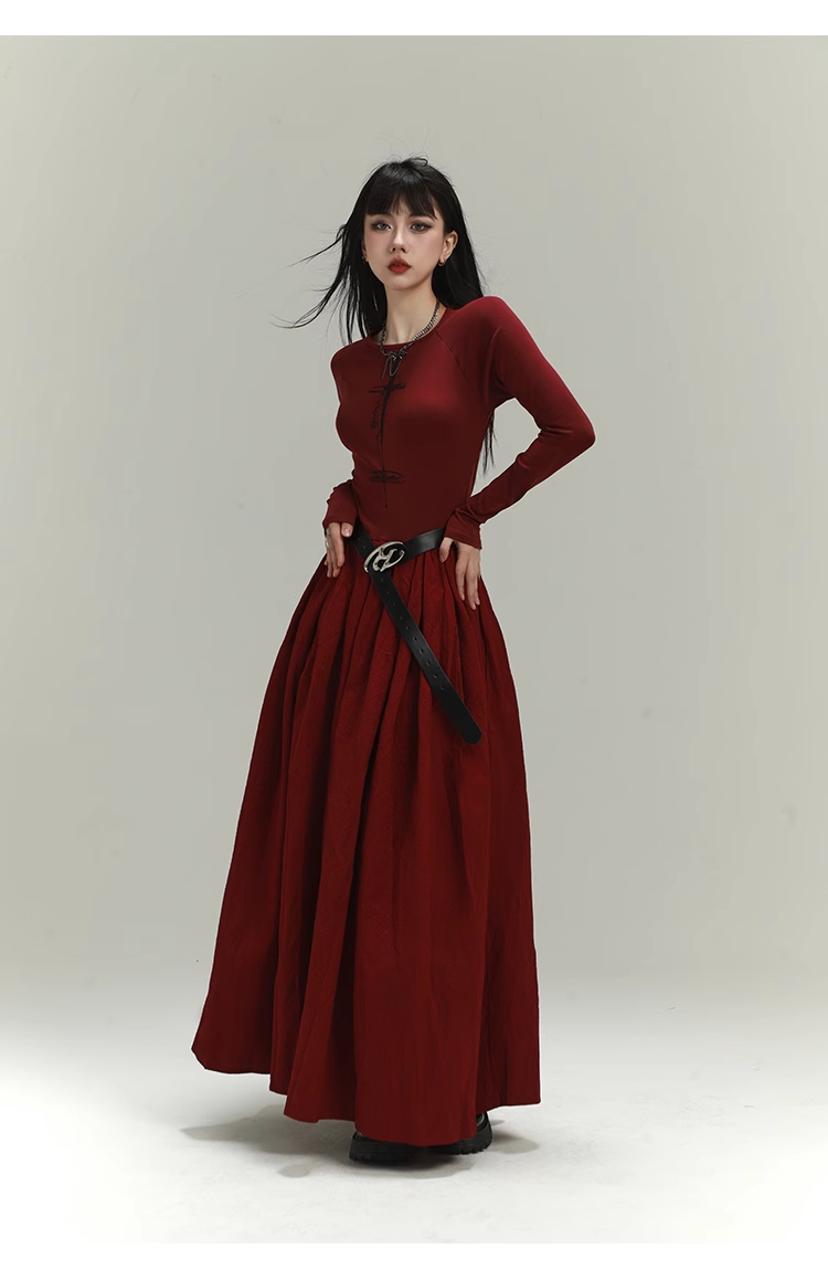 Vintage Elegant Simple Backless Red Long-sleeved Dress TP2917