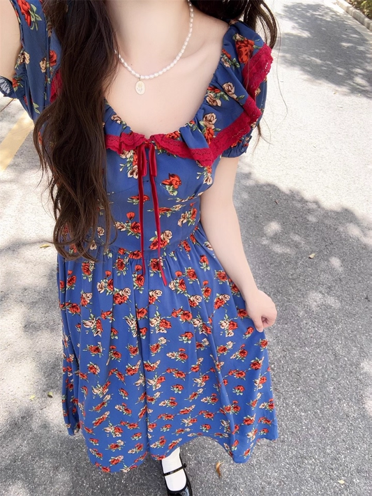 Vintage Navy Blue A-Line Prom Dress Floral Short-sleeve Evening Dress Long Formal Dress TP4724