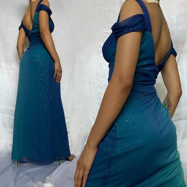 Vintage Shiny Gradient Blue-green Sheath Chiffon Unique Shoulder Strap Design Long Prom Dress Evening Dress TP2505
