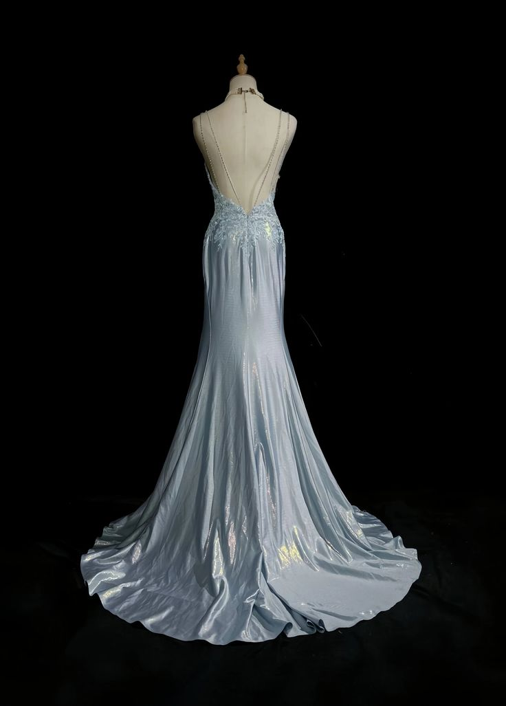 Glamorous Light Blue Embroidery Beaded Prom Dress Mermaid Sweetheart Spaghetti Strap Evening Gown TP5205