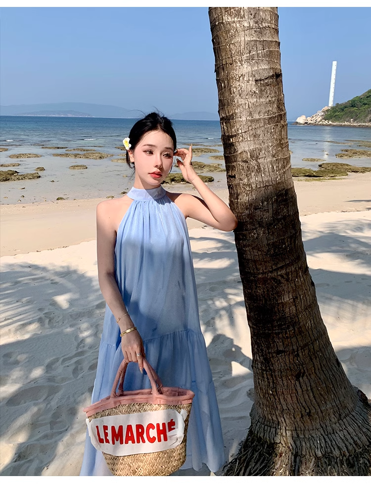 Simple Elegant Blue Design Beach Holiday Halter Dress TP3070