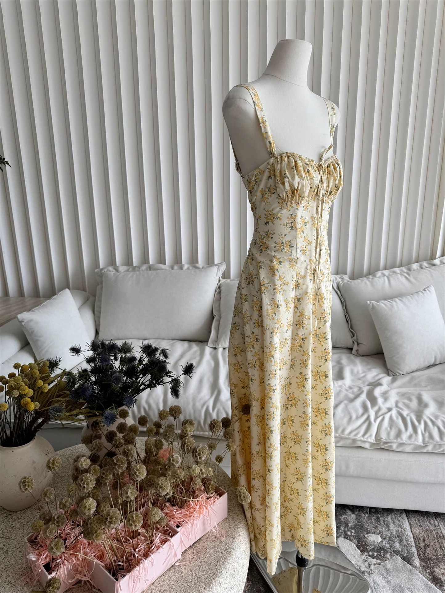 Simple Floral Spaghetti Strap Design A-line Split Women Dress TP3874