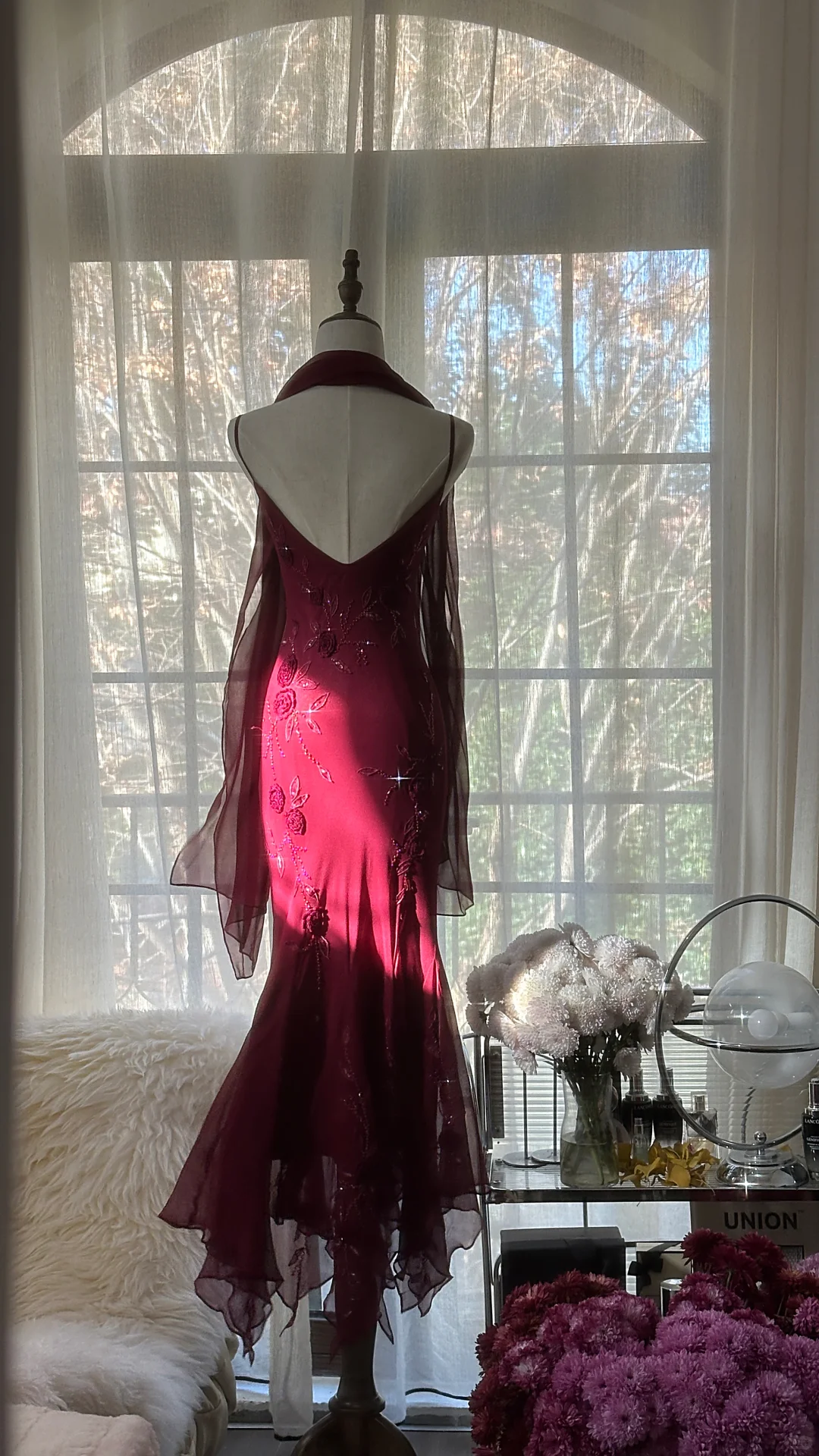 Elegant Burgundy Spaghetti Strap Gorgeous Beaded Sparkling Chiffon Evening Dress Prom Dres TP3973