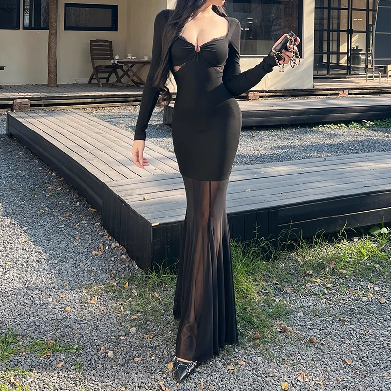 Women Simple Elegant Black Mesh Long-sleeved Dress TP2904