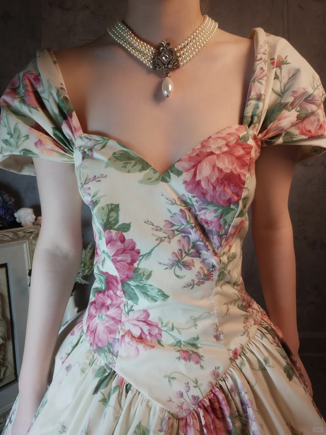Vintage Sweetheart Floral Design Romantic Short-sleeved Evening Dress Prom Dress TP4022