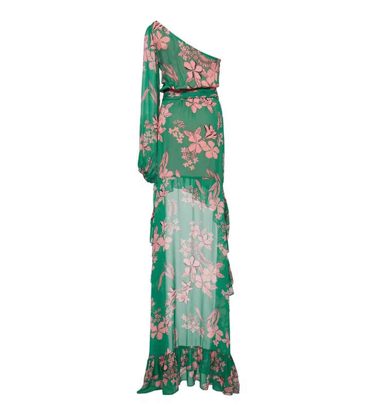 Fashion Green Floral Asymmetric Ruffled Hem Design A-line Party Dress TP3891